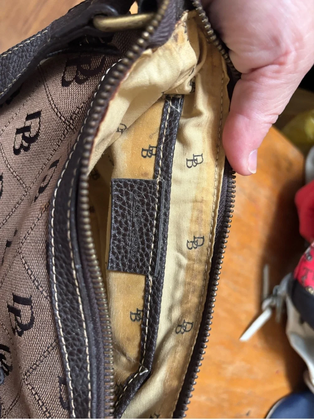 Dooney & Bourke Brown Monogram Shoulder Bag with Green Charm